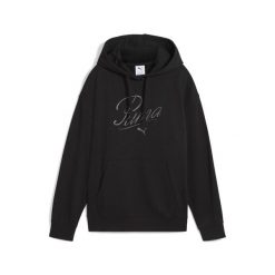 Damska bluza z kapturem ESS SCRIPT Comfort PUMA Black. Czarne bluzy Puma, bez wzorów, sportowe, bez ramiączek, z kapturem. Za 182.99 zł.