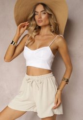 Beżowe Szorty o Luźnym Kroju High Waist z Gumką w Talii Vimallora. Brązowe szorty Renee, bez wzorów, eleganckie. W wyprzedaży za 39.99 zł.