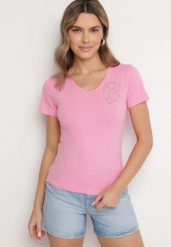 Różowy T-shirt z Bawełny z Cyrkoniowym Wzorem Uliavira. Czerwone t-shirty Born2be, l, z aplikacjami, z bawełny, eleganckie, bez kołnierzyka, bez ramiączek. W wyprzedaży za 33.99 zł.