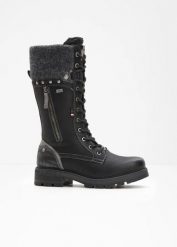 Kozaki sznurowane marki Mustang. Czarne kozaki bonprix, bez wzorów, bez obcasa, bez zapięcia. Za 379.99 zł.