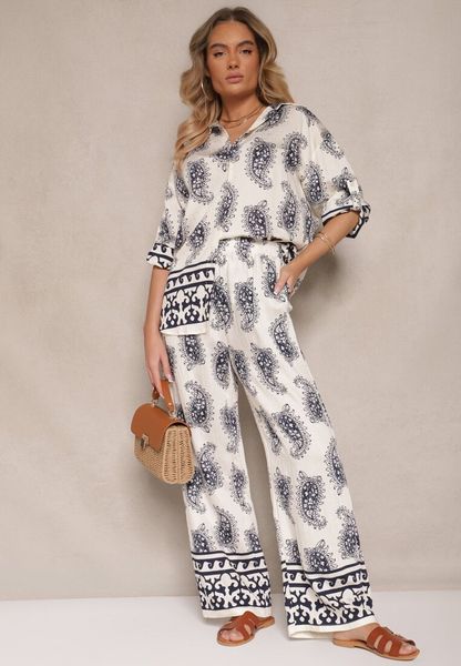 Biało-Granatowy Komplet z Wiskozy Zdobiony Printem Paisley Koszula i Spodnie Zolleva. Niebieskie koszule Renee, l, z aplikacjami, z wiskozy, eleganckie, bez kołnierzyka, bez ramiączek. Za 99.99 zł.