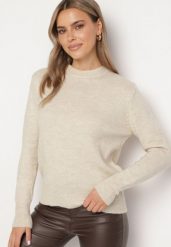 Beżowy Sweter o Klasycznym Kroju Vitilia. Brązowe swetry Born2be, m, bez wzorów, z jeansu, biznesowe, bez ramiączek. W wyprzedaży za 84.99 zł.