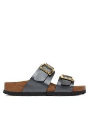 Birkenstock Klapki Sydney Cushion Buckle 1031689 Czarny. Czarne klapki Birkenstock, bez wzorów, ze skóry, bez obcasa, bez zapięcia. Za 509.99 zł.