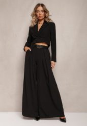 Czarne Spodnie High Waist z Szerokimi Nogawkami i Paskiem Brillara. Czarne jeansy Renee, l, bez wzorów, z jeansu, z podwyższonym stanem. W wyprzedaży za 91.99 zł.