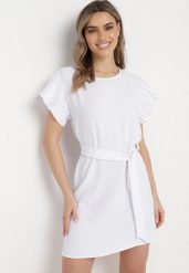 Biała Mini Sukienka Rozkloszowana z Paskiem w Talii i Ozdobnym Rękawem Allairi. Białe sukienki Born2be, na imprezę, m, bez wzorów, bez kołnierzyka, bez ramiączek, mini, rozkloszowane. Za 69.99 zł.