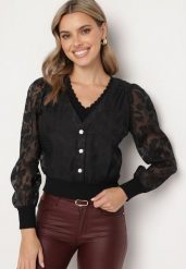 Czarna Bluzka z Przeźroczystego Materiału Zapinana na Ozdobne Guziki Aviorena. Czarne bluzki Born2be, bez wzorów, eleganckie, bez kołnierzyka, bez ramiączek. W wyprzedaży za 72.24 zł.
