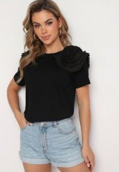 Czarny Bawełniany T-shirt z Materiałową Aplikacją 3D Jolilena. Czarne t-shirty Born2be, l, z aplikacjami, z bawełny, biznesowe, bez kołnierzyka, bez ramiączek. Za 69.99 zł.