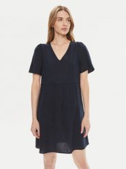 Vero Moda Sukienka letnia Mymilo 10303686 Granatowy Regular Fit. Niebieskie sukienki Vero Moda, s, bez wzorów, ze lnu, bez kołnierzyka, bez ramiączek. Za 89.99 zł.