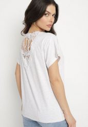 Jasnoszary Bawełniany T-shirt Nietoperz z Perłami i Koronką Eleziria. Szare t-shirty Born2be, l, bez wzorów, z bawełny, bez kołnierzyka, bez ramiączek. Za 69.99 zł.