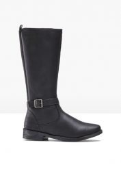Kozaki z szeroką cholewką. Czarne kozaki bonprix, bez wzorów, ze skóry, bez obcasa, bez zapięcia. Za 169.99 zł.