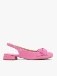 Różowe czółenka slingback bez pięty z kokardką. Czerwone czółenka Ryłko, bez wzorów, z gumy, eleganckie, bez obcasa, na obcasie, bez zapięcia. Za 399.99 zł.