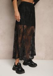 Czarna Koronkowa Spódnica o Rozkloszowanym Kroju z Rozcięciem Zarlaura. Czarne spódnice Renee, na co dzień, m, z aplikacjami, z koronki, eleganckie, midi, rozkloszowane. W wyprzedaży za 75.99 zł.