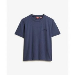 T-shirt z wyblakłym nadrukiem damski Superdry Essential. Niebieskie t-shirty Superdry, bez wzorów, bez kołnierzyka, bez ramiączek. Za 122.25 zł.