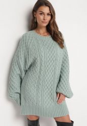 Miętowy Sweter o Wydłużonym Fasonie z Modnym Splotem Ahexa. Zielone swetry Born2be, bez wzorów, ze splotem, bez ramiączek. W wyprzedaży za 135.99 zł.