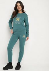 Zielony Bawełniany Komplet Dresowy z Ociepleniem i Misiem Bluza i Spodnie z Gumką w Pasie Nelasina. Zielone bluzy Born2be, m, z aplikacjami, z bawełny, klasyczne, bez ramiączek, bez kaptura. W wyprzedaży za 84.99 zł.