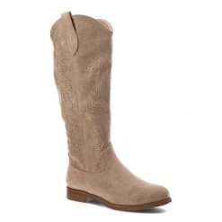 Beżowe Kozaki S.Barski Eleganckie Obuwie Damskie. Brązowe kozaki S.BARSKI, w ażurowe wzory, ze skóry ekologicznej, boho, bez obcasa, bez zapięcia. Za 159.00 zł.