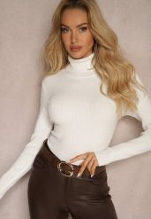 Jasnobeżowy Golf w Prążki Erinela. Brązowe swetry Renee, m, bez wzorów, z jeansu, eleganckie, bez ramiączek. W wyprzedaży za 35.99 zł.