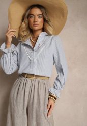 Jasnoniebieska Koszula z Bawełną Ozdobione Paskami i Falbanką Arririnea. Niebieskie koszule Renee, m, bez wzorów, z bawełny, eleganckie, bez kołnierzyka, bez ramiączek. W wyprzedaży za 52.49 zł.