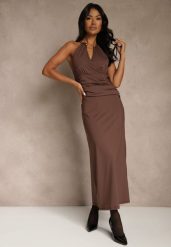Brązowa Wieczorowa Sukienka Halter z Odkrytymi Plecami Sewsara. Brązowe sukienki Renee, m, bez wzorów, eleganckie, bez kołnierzyka, bez ramiączek, maxi. Za 129.99 zł.