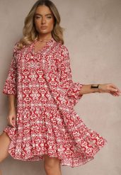 Czerwona Rozkloszowna Sukienka z Bawełny w Ornamentalny Wzór z Falbaną Lanariella. Czerwone sukienki Renee, l, bez wzorów, z bawełny, bez kołnierzyka, bez ramiączek, mini, rozkloszowane. W wyprzedaży za 43.99 zł.
