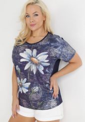 Granatowa Bluzka Oversize z Metalicznym Nadrukiem w Kwiaty z Cyrkoniami Deqsa. Niebieskie bluzki Born2be, m, bez wzorów, bez kołnierzyka, bez ramiączek. Za 69.99 zł.
