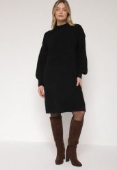 Czarna Pudełkowa Sukienka Dzianinowa z Domieszką Wełny Netessa. Czarne sukienki Born2be, bez wzorów, z dzianiny, eleganckie, bez kołnierzyka, bez ramiączek. Za 139.99 zł.