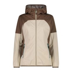 Ultralekka wodoodporna kurtka softshell damska CMP. Brązowe kurtki przejściowe sportowe CMP, s, bez wzorów, z materiału, z kapturem, trekkingowe. Za 387.05 zł.
