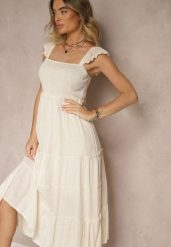 Beżowa Rozkloszowana Sukienka z Wiskozy z Metalicznymi Przeszyciami Iffaria. Brązowe sukienki Renee, na co dzień, l, bez wzorów, z jeansu, eleganckie, bez kołnierzyka, bez ramiączek, midi, kopertowe. W wyprzedaży za 99.99 zł.