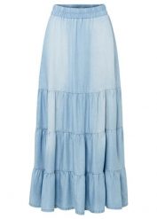 Spódnica midi z falbankami. Niebieskie spódnice bonprix, bez wzorów, z denimu, midi. Za 169.99 zł.