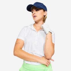 Koszulka polo do golfa damska z krótkim rękawem Inesis WW500. Białe t-shirty sportowe INESIS, m, z aplikacjami, z bawełny, bez ramiączek, na golfa. Za 89.99 zł.