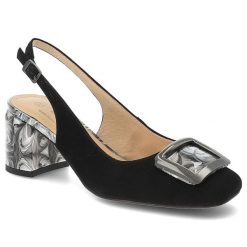 Czółenka damskie S.Barski, ze skóry naturalnej zamszowej odkryta pięta pasek z regulacją ozdobna klamra stabilny obcas elegancki styl, czarne, LZ61-2. Czarne czółenka S.BARSKI, bez wzorów, ze skóry, biznesowe, bez obcasa, na obcasie, bez zapięcia. Za 309.00 zł.