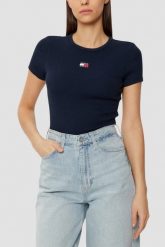 TOMMY JEANS Granatowy t-shirt damski, Rozmiar L. Niebieskie t-shirty Tommy Jeans, l, bez wzorów, z jeansu, bez kołnierzyka, bez ramiączek. W wyprzedaży za 143.99 zł.