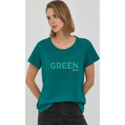 Liu Jo t-shirt damski kolor zielony. Zielone t-shirty Liu Jo, z aplikacjami, z materiału, bez kołnierzyka, bez ramiączek. Za 339.99 zł.