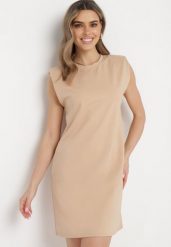 Beżowa Sukienka Pudełkowa z Podkreślonymi Ramionami Mimossa. Brązowe sukienki Born2be, m, bez wzorów, wakacyjne, bez kołnierzyka, bez ramiączek, midi. Za 139.99 zł.