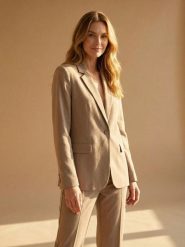 Żakiet z kieszeniami z domieszką wiskozy i lnu - beżowy. Brązowe marynarki i żakiety Sinsay, l, bez wzorów, z wiskozy, bez ramiączek. Za 79.99 zł.