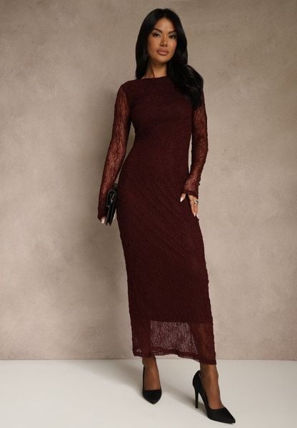 Bordowa Koronkowa Sukienka Typu Longsleeve o Dopasowanym Kroju Zenoresa. Czerwone sukienki Renee, na imprezę, l, bez wzorów, z koronki, eleganckie, bez kołnierzyka, bez ramiączek, dopasowane. Za 159.99 zł.