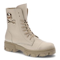 Botki damskie Exquisite, cholewka ze skóry naturalnej sznurowane zapięcie masywna podeszwa z bieżnikiem, beż groch, 1377. Brązowe botki EXQUISITE, z aplikacjami, ze skóry, klasyczne, bez obcasa, bez zapięcia. Za 319.00 zł.