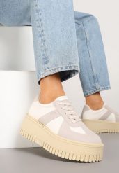 Beżowo-Szare Sneakersy Typu Tenisówki na Żłobionej Platformie Lorreia. Brązowe trampki Renee, bez wzorów, z jeansu, eleganckie, bez zapięcia. W wyprzedaży za 83.99 zł.