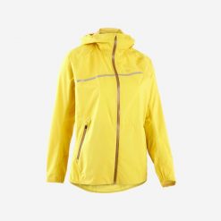 Kurtka do biegania w terenie przeciwdeszczowa damska Kiprun Run 500 Rain. Żółte kurtki do biegania KIPRUN, m, bez wzorów, z materiału, bez kaptura, do biegania. W wyprzedaży za 199.99 zł.