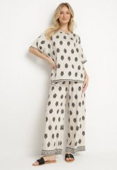 Jasnobeżowy Komplet Wiskozowy w Boho Print Bluzka z Krótkim Rękawem i Szerokie Spodnie Natilene. Brązowe bluzki Born2be, l, bez wzorów, z materiału, boho, bez kołnierzyka, bez ramiączek. Za 119.99 zł.