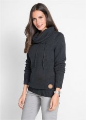 Sweter z golfem z troczkami. Czarne swetry bonprix, z aplikacjami, ze skóry, bez ramiączek. Za 112.99 zł.