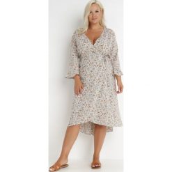 Beżowa Sukienka Alasania. Brązowe sukienki Born2be, l, bez wzorów, z materiału, eleganckie, bez kołnierzyka, bez ramiączek, midi, kopertowe. W wyprzedaży za 111.99 zł.