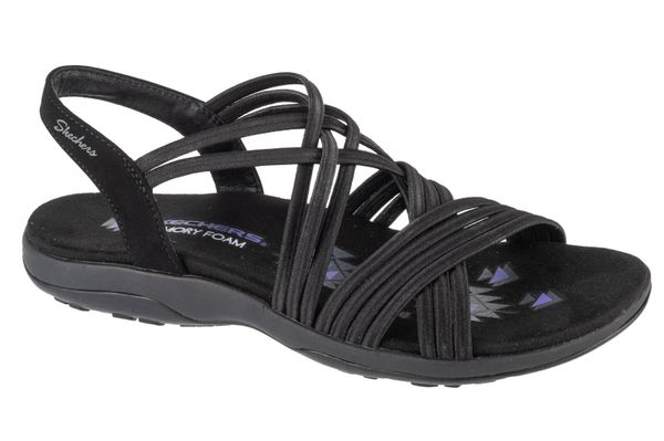 Sandały SKECHERS REGGAE SLIM - SUNNYSIDE Czarny. Czarne sandały Skechers, bez wzorów, z materiału, bez obcasa, bez zapięcia. Za 204.99 zł.