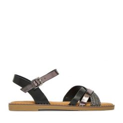 Sandały JENNY. Czarne sandały Jenny, bez wzorów, bez obcasa, na płaskiej podeszwie, bez zapięcia. Za 99.99 zł.