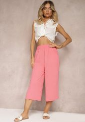 Różowe Spodnie Palazzo z Gumką w Talii i Długością Nogawki 3/4 Moolia. Czerwone jeansy Renee, plus size, bez wzorów, z jeansu. W wyprzedaży za 29.99 zł.