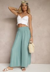 Miętowe Szerokie Spodnie High Waist z Elastycznymi Gumkami w Talii Varbia. Zielone jeansy Renee, bez wzorów, z jeansu, eleganckie, z podwyższonym stanem. W wyprzedaży za 35.99 zł.