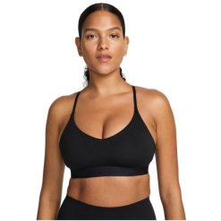 Biustonosz sportowy damski Lndy Light Support Women. Czarne biustonosze sportowe Nike, bez wzorów, z elastanu, na fitness i siłownię. Za 129.99 zł.