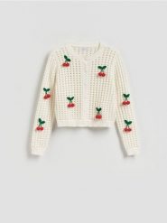 Kardigan z naszywanymi aplikacjami - kremowy. Białe swetry Reserved, l, z aplikacjami, z bawełny, bez ramiączek. Za 139.99 zł.