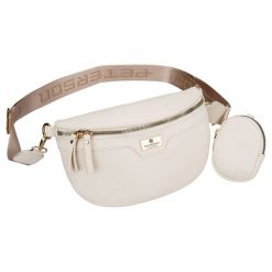 Saszetka damska ze skóry ekologicznej w jasnobeżowym kolorze, zamykana suwakiem Peterson PTN MIS-17. Brązowe nerki i saszetki Peterson, bez wzorów, ze skóry ekologicznej, eleganckie, bez dodatków. Za 79.99 zł.