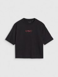 4F T-shirt oversize z nadrukiem damski - czarny M. Czarne t-shirty 4f, m, bez wzorów, z bawełny, klasyczne, bez kołnierzyka, bez ramiączek. W wyprzedaży za 39.99 zł.